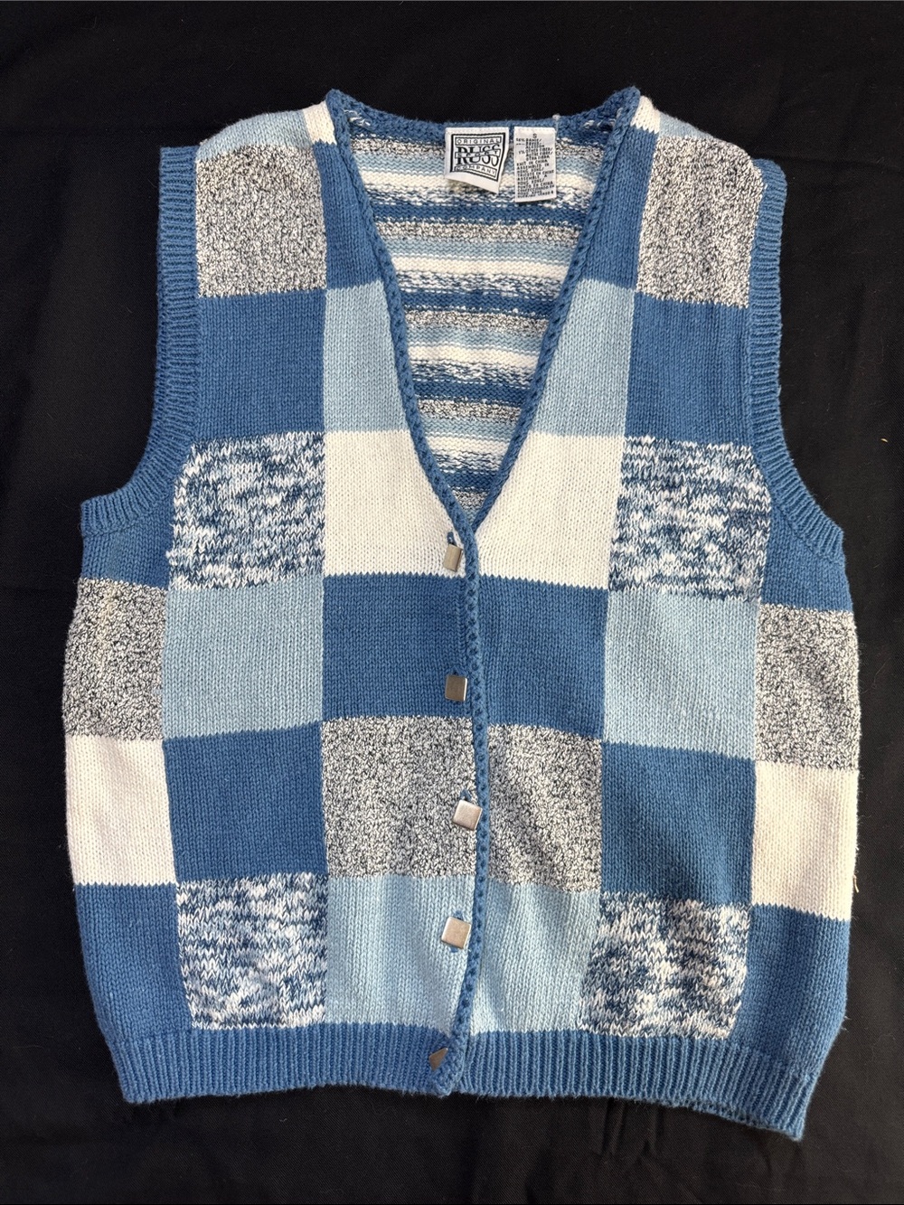 Vintage Russ Sport Blue Patchwork Knit Cardigan Sweater Vest Metal Buttons Small